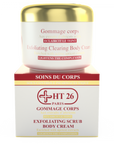 A jar of HT26 Exfoliating Clearing Body scrub Cream with label information, predominantly white packaging with gold accents.