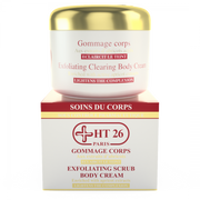 A jar of HT26 Exfoliating Clearing Body scrub Cream with label information, predominantly white packaging with gold accents.